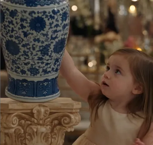 Maisie accidentally bumps an expensive blue-and-white antique vase beside the wedding table. It crashes onto the marble and shatters.